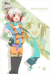 Rule 34 | 1girl, blue shirt, brown eyes, copyright name, drill, mi nya, multicolored hair, pascal (tales), pascal (tales), red hair, scarf, shirt, solo, tales of (series), tales of graces, two-tone hair, white hair, zoom layer