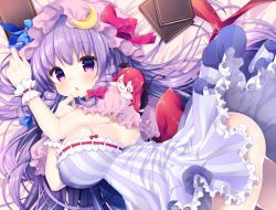 Rule 34 | 1girl, :o, blue bow, book, bow, braid, breasts, capelet, character doll, crescent, dress, hair bow, hat, highres, koakuma, large breasts, long hair, looking at viewer, lying, miiiiiiii, mob cap, patchouli knowledge, purple dress, purple eyes, purple hair, red bow, red hair, strap slip, striped clothes, striped dress, touhou, very long hair, wrist cuffs