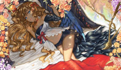 Rule 34 | 1girl, bad id, bad pixiv id, bare shoulders, bed, blanket, blonde hair, blue eyes, blue wings, bow, choker, curtains, feathered wings, feathers, flower, gem, hair bow, hair flower, hair ornament, hair ribbon, hu kotora, jewelry, lips, long hair, looking at viewer, low wings, lying, midriff, navel, no shoes, on bed, on side, original, petals, pointy ears, purple flower, purple rose, red bow, red ribbon, ribbon, rose, see-through, signature, smile, smirk, solo, tail, tree, wings, yellow flower, yellow rose