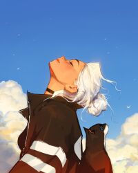 Rule 34 | 1girl, animal, black choker, black jacket, blue sky, cat, choker, closed eyes, cloud, cloudy sky, commentary, english commentary, from side, hair bun, highres, jacket, looking up, original, profile, relaxing, sam yang, single hair bun, sky, smile, solo, white hair