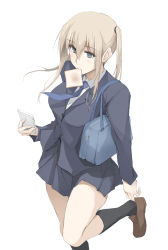 Rule 34 | 1girl, alternate costume, black skirt, black socks, blonde hair, blue eyes, blue necktie, bread slice, brown footwear, cellphone, food, food in mouth, graf zeppelin (kancolle), hair between eyes, holding, holding phone, kantai collection, kneehighs, long hair, long sleeves, mouth hold, necktie, no headwear, phone, pleated skirt, shoes, sidelocks, simple background, skirt, smartphone, socks, solo, toast, toast in mouth, twintails, white background, zekkyon