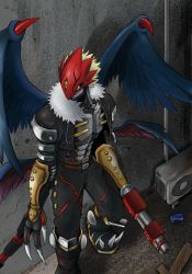 Rule 34 | armor, beelzebumon x-antibody, belt, blonde hair, bttfghn, buckle, claws, coat, colored sclera, colored skin, digimon, digimon (creature), fur coat, gauntlets, green sclera, grey skin, gun, mask, multiple wings, no humans, red eyes, short hair, solo, spikes, tail, third eye, weapon, wings, yellow eyes