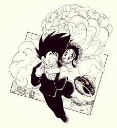 Rule 34 | 1boy, 1girl, :d, aircraft, airship, arms around neck, black hair, chi-chi (dragon ball), clenched teeth, cloud, cloudy sky, commentary request, couple, day, dragon ball, dragon ball (classic), dress, dress shirt, dutch angle, elbow gloves, eyelashes, fenyon, fingernails, floating hair, flower, flying nimbus, formal, frilled dress, frills, full body, gloves, grass, grin, hair flower, hair ornament, happy, hetero, husband and wife, jewelry, looking at another, messy hair, monochrome, mountain, nature, necklace, open mouth, outdoors, pearl necklace, rose, shirt, sidelocks, simple background, sky, smile, son goku, spiked hair, suit, teeth, twitter username, wedding dress, white background, white dress, white shirt