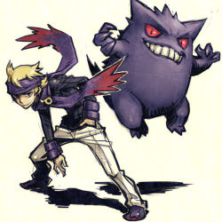 Rule 34 | 00s, 1boy, blonde hair, closed mouth, creatures (company), full body, game freak, gen 1 pokemon, gengar, gym leader, hand in pocket, headband, leaning forward, legs apart, long sleeves, lowres, meimaru inuchiyo, morty (pokemon), nintendo, pants, pokemon, pokemon (creature), pokemon hgss, red eyes, ribbed sweater, scarf, shadow, shoes, simple background, smile, standing, sweater, white pants, wrist cuffs