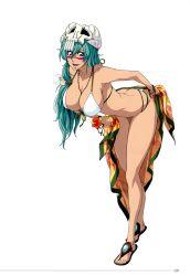 Rule 34 | 1girl, absurdres, arrancar, bikini, bleach, bleach: brave souls, breasts, cleavage, facepaint, full body, green hair, grey eyes, highres, kubo tite, large breasts, long hair, looking at viewer, nelliel tu odelschwanck, non-web source, official art, sandal, simple background, skull, smile, solo, swimsuit, tattoo
