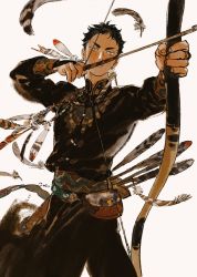Rule 34 | 1boy, akaashi keiji, arrow (projectile), bead necklace, beads, belt, belt pouch, black hair, black pants, blue eyes, bow (weapon), bridal gauntlets, chengongzi123, cowboy shot, drawing bow, feather necklace, feathers, haikyuu!!, highres, holding, holding bow (weapon), holding weapon, jewelry, long sleeves, looking away, necklace, outstretched arm, pants, pouch, quiver, short hair, simple background, solo, standing, weapon, white background