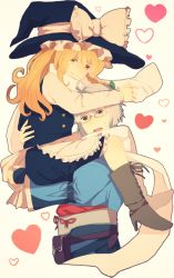 Rule 34 | 1boy, 1girl, apron, bad id, bad pixiv id, boots, bow, brown footwear, ebi (6 5), full body, glasses, hat, hat bow, heart, holding, interlocked fingers, kirisame marisa, morichika rinnosuke, own hands together, scarf, short hair, sweatdrop, touhou, waist apron, white background, witch hat, yellow eyes
