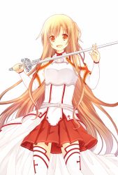 Rule 34 | 10s, 1girl, armor, asuna (sao), blush, breastplate, brown hair, detached sleeves, hanahubuki1991, highres, long hair, looking at viewer, open mouth, orange eyes, simple background, skirt, solo, sword, sword art online, thighhighs, weapon, white background
