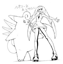 Rule 34 | 1girl, angry, armpits, asymmetrical bangs, bare arms, bare shoulders, blunt bangs, breasts, character name, clefable, clenched teeth, constricted pupils, creatures (company), diamond (shape), dress, empty eyes, fairy wings, frown, full body, game freak, gem, gen 1 pokemon, greyscale, leggings, legs apart, long hair, looking down, lusamine (pokemon), mature female, monochrome, nintendo, pokemon, pokemon (creature), pokemon sm, primavera maru, see-through, shoes, short dress, simple background, sleeveless, sleeveless dress, small breasts, teeth, toe cleavage, toeless footwear, turtleneck, two-tone legwear, white background, wings