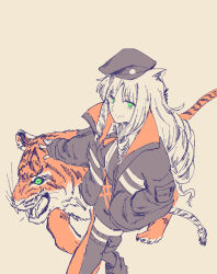 Rule 34 | 1girl, animal, animal ears, arknights, black hat, black jacket, black thighhighs, closed mouth, commentary request, feet out of frame, fingernails, from above, green eyes, hand in pocket, hand on animal, haruichi (sazanami complex), hat, hatching (texture), jacket, linear hatching, long hair, long sleeves, looking at viewer, partially colored, peaked cap, pouch, ringlets, simple background, smile, solo, split mouth, standing, swire (arknights), tail, thigh pouch, thighhighs, tiger, tiger ears, tiger girl, tiger tail, tusks, unfinished, walking, yellow background