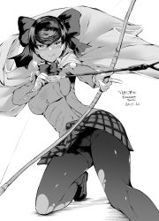 Rule 34 | 1girl, :p, amasora taichi, arrow (projectile), artist name, blush, bow, bow (weapon), cape, closed mouth, commentary request, dated, dress shirt, girls und panzer, girls und panzer ribbon no musha, grey skirt, greyscale, hair ribbon, highres, holding, holding bow (weapon), holding weapon, jacket, loafers, looking at viewer, miniskirt, mole, mole under eye, monochrome, on one knee, panties, panties under pantyhose, pantyhose, pantyshot, plaid, plaid skirt, pleated skirt, ribbon, school uniform, shirt, shoes, short hair, signature, skirt, smile, solo, sweat, tongue, tongue out, torn clothes, torn pantyhose, tsuruki shizuka, twitter username, underwear, weapon