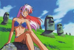 Rule 34 | 1990s (style), 1girl, alternate costume, arm support, bikini, birdy cephon altera, blue bikini, blue eyes, breasts, cloud, crossed legs, day, duplicate, floating hair, front-tie bikini top, front-tie top, grass, grin, hairband, hand on own thigh, long hair, looking to the side, moai, multicolored hair, navel, official art, outdoors, red hair, retro artstyle, rock, sakurai kunihiko, scan, sitting, sky, small breasts, smile, solo, statue, swimsuit, tetsuwan birdy, two-tone hair, very long hair, white hair, wind