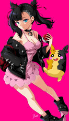 Rule 34 | 1girl, artist name, bag, bare legs, bare shoulders, black choker, black footwear, black hair, black jacket, black nails, boots, breasts, choker, cleavage, collarbone, commentary, creatures (company), dress, earrings, game freak, gen 8 pokemon, green eyes, hand up, handbag, highres, holding, holding poke ball, jacket, jewelry, long sleeves, looking at viewer, marnie (pokemon), medium breasts, morpeko, morpeko (full), nail polish, nintendo, open clothes, open jacket, parted lips, pink background, pink dress, pointy hair, poke ball, poke ball (basic), pokemon, pokemon (creature), pokemon swsh, short dress, short hair, signature, simple background, spaghetti strap, standing, stud earrings, thighs, twintails, yuito (yuitokobunasbs0)
