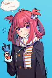 Rule 34 | 1girl, artemis of the blue, artist name, atelier live, blue background, cellphone, english text, hair rings, highres, holding, holding phone, jacket, kani kanizawa, looking at viewer, objectification, phone, purple eyes, red hair, scarf, smartphone, smile, striped clothes, striped scarf, virtual youtuber, yokura (yukilina)