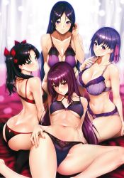 Rule 34 | 4girls, absurdres, adjusting hair, ass, black hair, blush, bra, breasts, butt crack, cameltoe, choker, cleavage, closed mouth, duplicate, embarrassed, fate/grand order, fate/stay night, fate (series), female focus, finger to face, green eyes, groin, hair between eyes, hair ribbon, happy, highres, kneehighs, kneeling, large breasts, legs, lingerie, long hair, looking at viewer, lying, matou sakura, medium breasts, minamoto no raikou (fate), multiple girls, navel, nose blush, on back, panties, parted bangs, parted lips, pink eyes, pink hair, purple eyes, purple hair, pussy, red eyes, red ribbon, ribbon, scathach (fate), short hair, simple background, sitting, small breasts, smile, socks, thighs, tohsaka rin, two side up, underboob, underwear, underwear only, zucchini