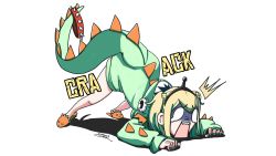 Rule 34 | 1girl, absurdres, amano pikamee, artist name, basedshark, blonde hair, commentary, dinosaur costume, english commentary, failure, green hair, green hoodie, highres, hood, hoodie, jack-o&#039; challenge, multicolored hair, open mouth, orange footwear, shaded face, shadow, sharp teeth, short hair, slippers, solo, spikes, streaked hair, teeth, top-down bottom-up, virtual youtuber, voms, white background, white eyes