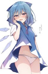 Rule 34 | 1girl, blue bow, blue dress, blue eyes, blue hair, blush, bow, cirno, collared shirt, cowboy shot, detached wings, dress, fairy, hair bow, highres, ice, ice wings, karasusou nano, open mouth, panties, pinafore dress, shirt, short hair, sleeveless, sleeveless dress, solo, sweat, sweatdrop, touhou, translated, underwear, white background, white panties, wings