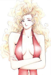 Rule 34 | 1girl, bare shoulders, blonde hair, breasts, cleavage, closed mouth, clothing cutout, crossed arms, dress, eyeshadow, female focus, golden boy, highres, large breasts, light smile, long hair, looking at viewer, makeup, navel, navel cutout, official art, onna shachou, orange eyes, red dress, revealing clothes, simple background, smile, solo, tatsuya egawa, upper body, wavy hair, white background