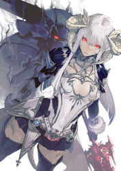 Rule 34 | 1girl, absurdres, albino, arms at sides, boots, breasts, character request, final fantasy, final fantasy xiv, fur trim, glowing, glowing eyes, greatsword, highres, horns, kyo (kuroichigo), long hair, looking at viewer, miniskirt, pleated skirt, red eyes, sidelocks, simple background, skirt, small breasts, solo, sword, thigh boots, warrior of light (ff14), weapon, white background