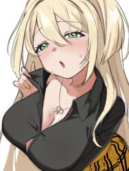 Rule 34 | 1girl, black shirt, blonde hair, blush, breasts, button gap, checkered clothes, checkered skirt, cleavage, from above, goddess of victory: nikke, green eyes, hair between eyes, heart, heart in eye, jewelry, large breasts, long hair, looking at viewer, necklace, ponytail, rupee (nikke), shirt, skirt, solo, sweat, symbol in eye, tatakita, yellow skirt