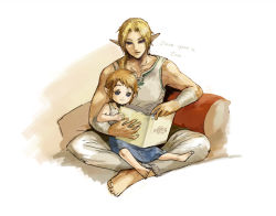 Rule 34 | 16167mono, 2boys, age difference, book, brown hair, child, father and son, indian style, link, multiple boys, nintendo, open book, reading, sitting, the legend of zelda, white background, young link