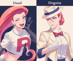 Rule 34 | 1girl, absurdres, before and after, black gloves, blue eyes, bow, bowtie, buttons, commentary request, creatures (company), crop top, crossdressing, elbow gloves, eyelashes, game freak, gloves, hair between eyes, hand up, hat, highres, jacket, jessie (pokemon), looking at viewer, navel, nintendo, open mouth, pokemon, pokemon (anime), pokemon sm082, pokemon sm (anime), red neckwear, ruru (gi xxy), shirt, team rocket, team rocket uniform, teeth, tongue, white gloves, white shirt