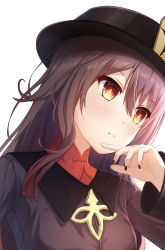 Rule 34 | 1girl, black nails, brightlight, brown eyes, brown headwear, brown shirt, closed mouth, genshin impact, highres, hu tao (genshin impact), long hair, long sleeves, nail polish, red eyes, shirt, simple background, solo, twintails, upper body, white background