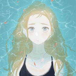Rule 34 | 1girl, caustics, ddgood6, grey eyes, highres, jewelry, kofune ushio, light brown hair, long hair, looking at viewer, necklace, partially submerged, petals, shell, shell necklace, solo, summertime render, swimsuit, upper body, water