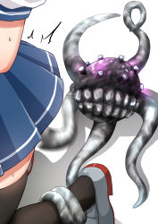 Rule 34 | 1girl, abyssal ship, black thighhighs, blue skirt, comiching, enemy naval mine (kancolle), highres, kantai collection, leg grab, out of frame, pleated skirt, restrained, school uniform, serafuku, shoes, skirt, tentacles, thighhighs, tsushima (kancolle)