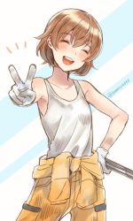 Rule 34 | 1girl, armpits, blush, brown eyes, brown hair, clothes around waist, clothes pull, commentary, cowboy shot, freckles, girls und panzer, gloves, head tilt, holding, jumpsuit, looking at viewer, mechanic, notice lines, one-hour drawing challenge, open mouth, orange jumpsuit, shirt, shirt pull, short hair, smile, solo, standing, tank top, totonii (totogoya), tsuchiya (girls und panzer), twitter username, uniform, white gloves, white shirt