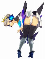 Rule 34 | 1girl, armor, armored dress, ass, bent over, blush, boots, crown, forgotten artist, gwendolyn (odin sphere), hat, multicolored wings, odin sphere, panties, purple eyes, ryman, skirt, solo, thigh boots, thighhighs, underwear, white hair, white panties, wings