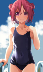Rule 34 | 1girl, akaza akari, blue one-piece swimsuit, blue sky, blurry, cloud, collarbone, commentary request, cowboy shot, depth of field, double bun, flat chest, hair bun, highres, looking at viewer, one-piece swimsuit, pool ladder, red eyes, red hair, school swimsuit, short hair, sky, solo, swimsuit, tennosuke (tejons), yuru yuri