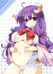 Rule 34 | 1girl, ^^^, ahoge, belly, blue bow, blush, bow, breasts, cleavage, cowboy shot, crescent, crescent hair ornament, hair bow, hair ornament, hair ribbon, highres, large breasts, long hair, navel, no headwear, no headwear, open clothes, open mouth, panties, patchouli knowledge, plump, purple eyes, purple hair, red bow, ribbon, shirogane (platinum), side-tie panties, sidelocks, solo, sweat, touhou, tress ribbon, underwear, white panties