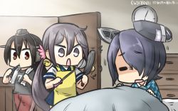 Rule 34 | 3girls, akebono (kancolle), alternate costume, apron, bed, bed sheet, bedroom, bell, brushing teeth, closed eyes, commentary request, cowboy shot, eyepatch, flower, hair bell, hair between eyes, hair flower, hair ornament, hair over one eye, hamu koutarou, highres, indoors, jingle bell, kantai collection, long hair, looking at another, multiple girls, nagato (kancolle), open door, open mouth, purple eyes, purple hair, red eyes, school uniform, serious, short hair, side ponytail, sportswear, tenryuu (kancolle), toothbrush, towel, towel around neck, under covers, very long hair, waking up, wavy mouth, wooden wall