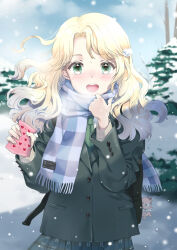 Rule 34 | 1girl, bag, blonde hair, blue scarf, breath, bush, buttons, cloud, cloudy sky, commentary, day, floating hair, green eyes, green jacket, green necktie, green skirt, half updo, handkerchief, heart, heart print, holding, holding clothes, holding handkerchief, holding scarf, jacket, light particles, long hair, long sleeves, looking at viewer, necktie, open mouth, original, outdoors, plaid, plaid skirt, scarf, school bag, school uniform, skirt, sky, smile, snow, snowing, symbol-only commentary, teeth, tree, uniform, unya (unya-unya), upper body, upper teeth only, wavy hair, wind