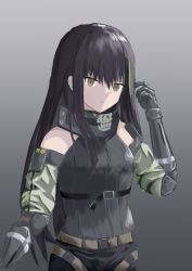 Rule 34 | 1girl, arm up, black gloves, black hair, black scarf, black sweater vest, brown eyes, closed mouth, elbow gloves, expressionless, feet out of frame, girls&#039; frontline, gloves, grey background, highres, long hair, looking at viewer, m4a1 (girls&#039; frontline), multicolored hair, scarf, solo, standing, sweater vest, upper body, wh1te