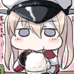 Rule 34 | 10s, 1girl, bad id, bad nicoseiga id, blonde hair, blue eyes, blush, capelet, chibi, chopsticks, chopsticks in mouth, eating, engiyoshi, food, gloves, graf zeppelin (kancolle), hair between eyes, hat, kantai collection, long hair, looking at viewer, lowres, peaked cap, sidelocks, solo, twintails, uniform