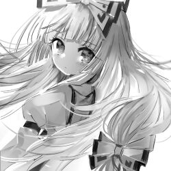 Rule 34 | 1girl, arms at sides, blunt bangs, blurry, blush, bow, closed mouth, dot nose, expressionless, from behind, fujiwara no mokou, greyscale, hair bow, hime cut, hinasumire, long hair, long sleeves, looking at viewer, monochrome, shirt, sidelocks, simple background, sleeve garter, solo, suspenders, touhou, upper body, very long hair, white background