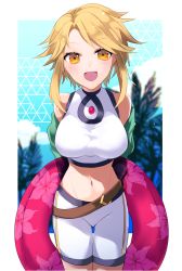 Rule 34 | 1girl, arms behind back, belt, blonde hair, breasts, commentary request, day, groin, holding, light blush, looking at viewer, medium breasts, medium hair, megido72, navel, open mouth, pruflas (megido72), shorts, smile, standing, swimsuit, tree, ugetsu (chimere/marie), yellow eyes