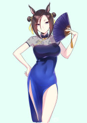 Rule 34 | 1girl, absurdres, air groove (umamusume), animal ears, artist logo, bare arms, bare legs, blue dress, breasts, china dress, chinese clothes, closed mouth, commentary, covered navel, cowboy shot, crab, double bun, dress, eyes visible through hair, forehead, green background, hair between eyes, hair bun, hand fan, hand on own hip, hand up, highres, horse ears, horse girl, legs together, looking at viewer, parted bangs, ribbon, short hair, short sleeves, simple background, smile, solo, thighs, tsuki no minato, umamusume, yellow ribbon, ||/