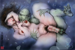 Rule 34 | 1girl, air bubble, black hair, breasts, bubble, censored, claws, closed eyes, colored skin, covered erect nipples, fingernails, green skin, hetero, kanki330-tennou, kappa, large breasts, lipstick, long fingernails, maebari, makeup, medium breasts, mole, mole under eye, monster, monster sex, nipples, nude, ofuda, ofuda on pussy, parted lips, pig snout, pubic hair, red lips, sex, spread legs, testicles, text focus, tongue, tongue out, translation request, underwater, underwater sex, vaginal, webbed feet, yellow eyes