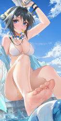 Rule 34 | 1girl, absurdres, arknights, arm up, bare legs, bare shoulders, barefoot, bikini, black hair, blue eyes, breasts, foot out of frame, goggles, goggles around neck, hair intakes, highres, holding, hongbaise raw, infection monitor (arknights), la pluma (arknights), la pluma (summer flowers) (arknights), medium breasts, mouth hold, short hair, sitting, solo, swimsuit, thighs, whistle, white bikini