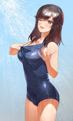 Rule 34 | 1girl, a1 (initial-g), blue one-piece swimsuit, blush, breasts, brown eyes, brown hair, closed eyes, clothes pull, from side, ichijou hotaru, legs, looking at viewer, non non biyori, one-piece swimsuit, one-piece swimsuit pull, shower, smile, solo, swimsuit, underwear, water