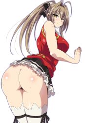 Rule 34 | 10s, 1girl, amagi brilliant park, antenna hair, ass, blush, bottomless, bow, breasts, brown eyes, brown hair, censored, female focus, from behind, hair bow, hara (harayutaka), highres, huge ass, large breasts, long hair, looking at viewer, looking back, no panties, ponytail, sento isuzu, simple background, skirt, sleeveless, smile, solo, sweat, thighhighs, thighs, white background, white thighhighs, yellow eyes