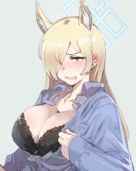 Rule 34 | 1girl, animal ear fluff, animal ears, black bra, blonde hair, blue archive, blue shirt, blush, bow (bhp), bra, breasts, cleavage, grey background, hair over one eye, kanna (blue archive), large breasts, long hair, long sleeves, looking at viewer, open clothes, open shirt, partially unbuttoned, sharp teeth, shirt, simple background, solo, teeth, underwear, upper body