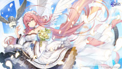 Rule 34 | 1girl, absurdres, ahoge, azur lane, bird, blue sky, bouquet, breasts, cleavage, commentary, cowboy shot, detached collar, dress, english commentary, expressionless, eyelashes, floating hair, flower, frilled dress, frills, hair between eyes, highres, holding, holding bouquet, key, layered dress, light rays, logo, long hair, looking at viewer, maid headdress, medium breasts, milestone celebration, off-shoulder dress, off shoulder, official art, owl, parted lips, perseus (azur lane), petals, pink eyes, pink hair, second-party source, sky, solo, takase kou, very long hair, watermark, white dress, wide sleeves, wind, wings