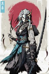 Rule 34 | 1girl, absurdres, akramness, arm tattoo, black kimono, black sclera, black skin, blue eyes, colored sclera, colored skin, commentary, grey background, highres, holding, holding sword, holding weapon, horns, japanese clothes, jewelry, kimono, leg tattoo, medium hair, necklace, original, red sun, single horn, solo, sword, tattoo, weapon, white hair, white skin, yellow eyes