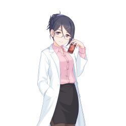 Rule 34 | 1girl, black hair, black pantyhose, black skirt, can, canned coffee, coat, drink can, glasses, holding, holding can, lab coat, mitsuki (princess connect!), mitsuki (real) (princess connect!), official art, pantyhose, pink shirt, princess connect!, shirt, skirt, transparent background, white coat