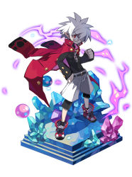 Rule 34 | 1boy, albino, black shirt, clenched hand, coat, crystal, disgaea, faux figurine, full body, glasses, harada takehito, jacket, jacket on shoulders, looking at viewer, makai senki disgaea 3, makai wars, male focus, mao (disgaea), official art, pointy ears, red coat, red eyes, shirt, shoes, shorts, solo, spiked hair, standing, white hair, white shorts