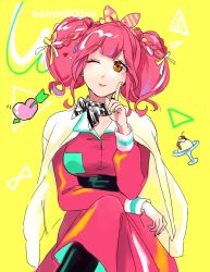 Rule 34 | 1girl, anno (bambi1103no), arrow (projectile), belt, black belt, black scarf, bow, brown eyes, dress, food, hair bow, head tilt, heart, highres, ice cream, jacket, jacket on shoulders, macross, macross delta, makina nakajima, one eye closed, pink dress, pink hair, plaid, plaid scarf, pointing, pointing up, scarf, sketch, smile, solo, twintails, white jacket, yellow background, yellow bow
